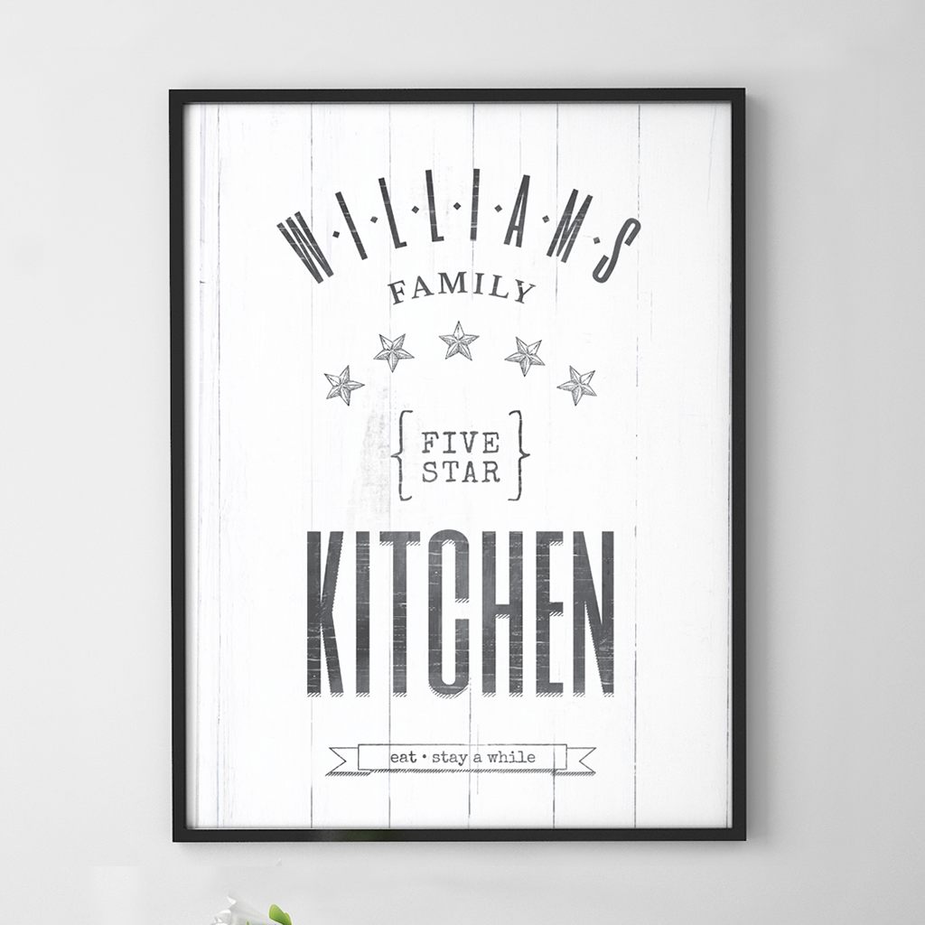 Personalized Five Star Family Kitchen print with rustic lettering and graphics