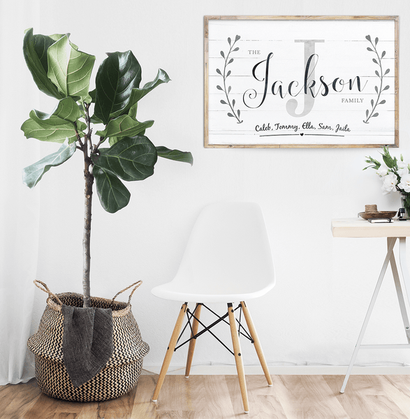 Family personalized print in a modern farmhouse room.