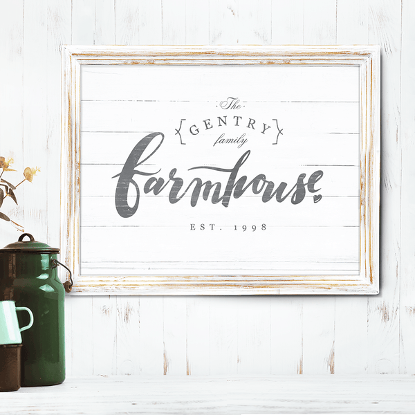 This rustic style print features text "farmhouse" in brush lettering and you can personalize it with your family name and EST. date