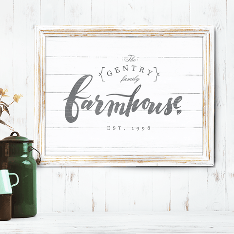 This rustic style print features text "farmhouse" in brush lettering and you can personalize it with your family name and EST. date