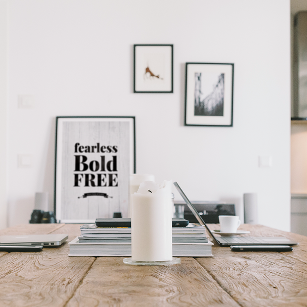 Fearless Bold Free Personalized Print in a Nordic modern workspace