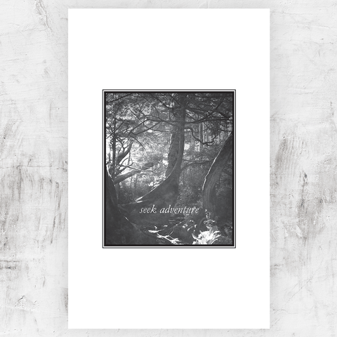 Black and white print of a forest with light shining through the trees. Title reads "seek adventure" and you can personalize this print with your name in the roots of the trees.