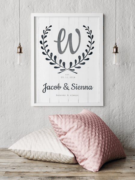 Forever & Always personalized print framed and hanging on the wall in a modern room