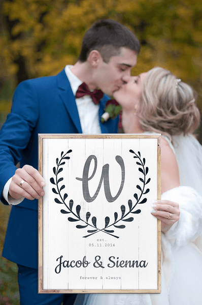 Just married couple kissing in a wedding photoshoot - holding Forever & Always Personalized Print