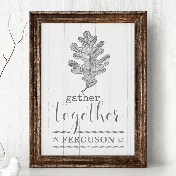 Gather Together personalized print with a vintage sketch of a oak leaf. Personalize it with your family name.