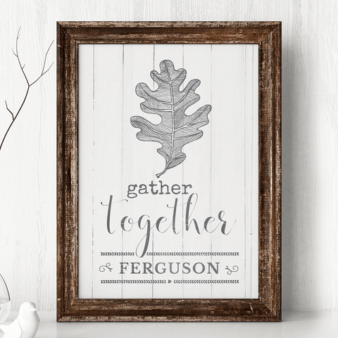 Gather Together personalized print with a vintage sketch of a oak leaf. Personalize it with your family name.
