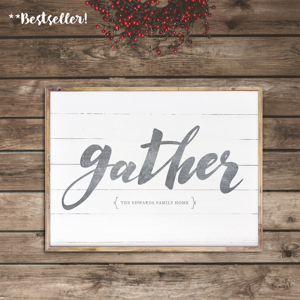 Framed Gather personalized print in a rustic room