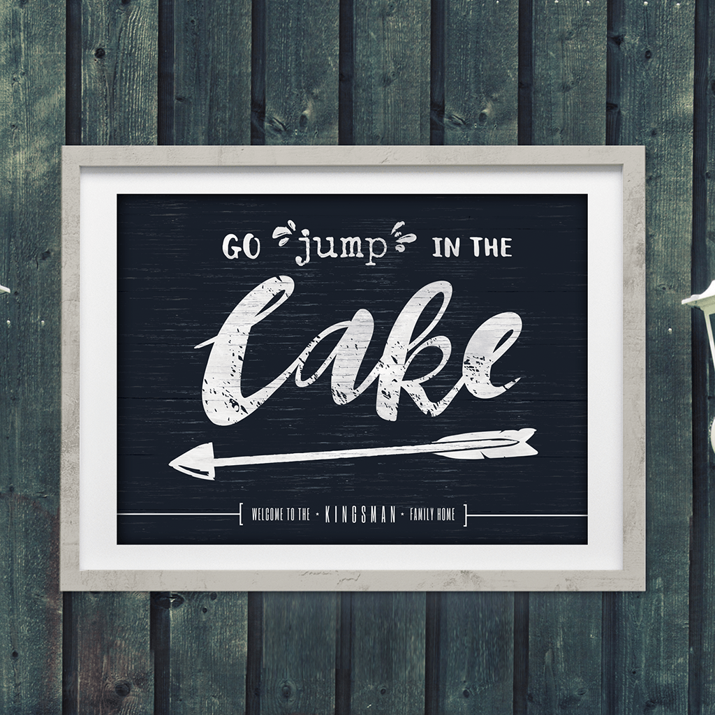 Framed "Go jump in the lake" print with the arrow pointing left. Personalize it with your family name!