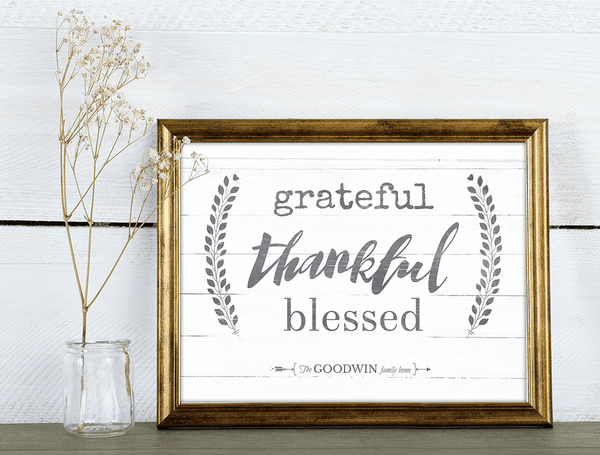 vintage decorated room with our rustic Grateful Thankful Blessed print framed in a gold frame