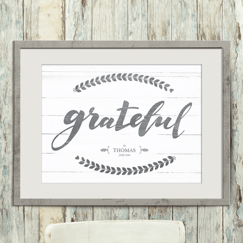 "Grateful" personalized print in a matted frame.