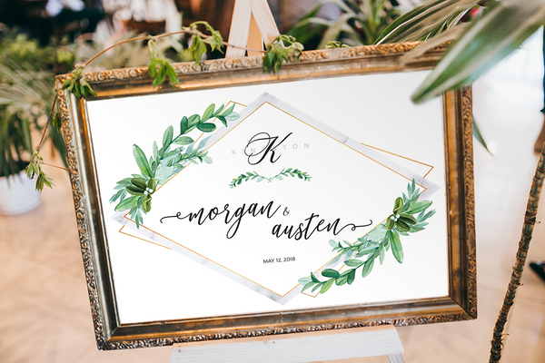 Greenery Marble Personalized Print at a May wedding, framed in a reception area in a rustic, gold frame.