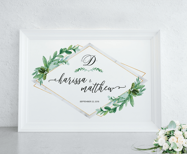 Greenery Marble personalized wedding print in a white frame at a modern wedding