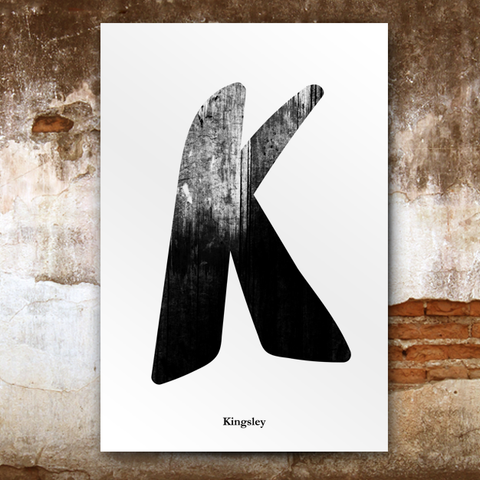 Grunge-Black poster image. Big letter K and last name Kingsley written below.