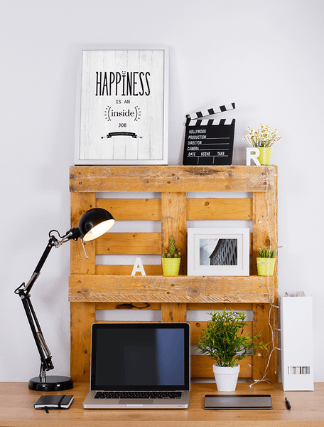 Happiness personalized print in a modern nordic workspace