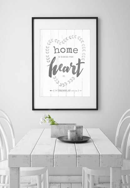 rustic farmhouse dining area with a frame "Heart Wreath" personalized print above the table.