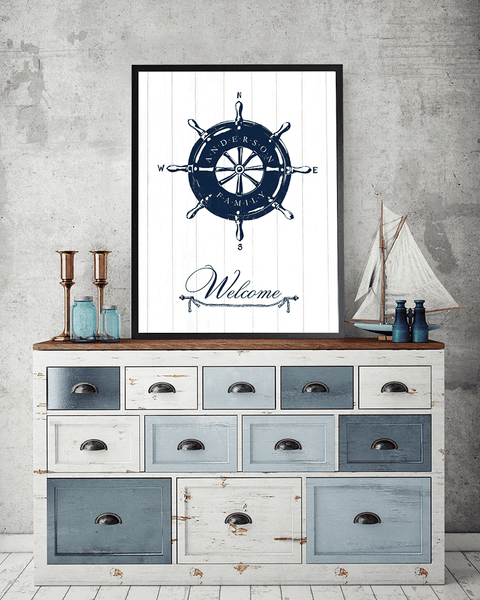 Rustic room with nautical accents and a Helm print framed on the wall