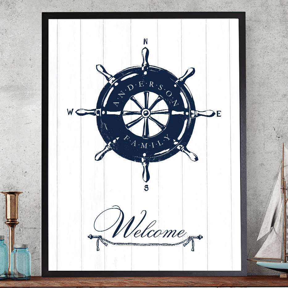 Nautical print with a helm and a family name imprinted on it. Large, curvy lettering "Welcome" is on the bottom.