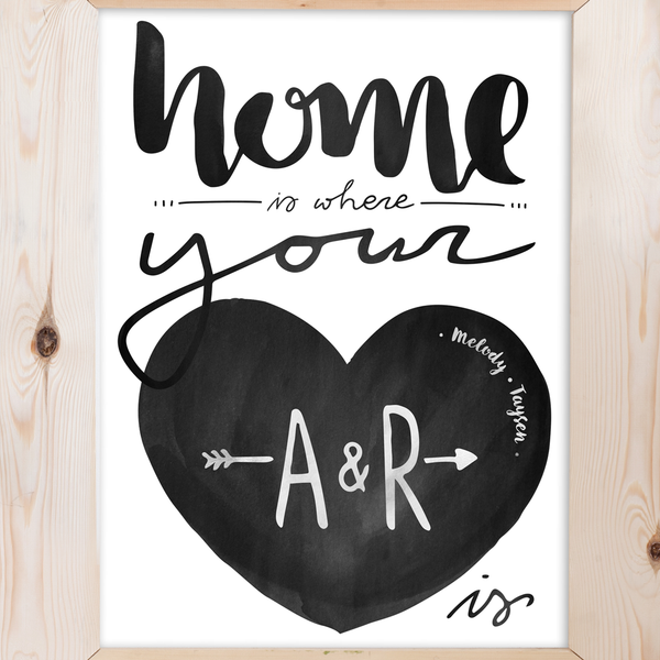 Home is where your heart is. Watercolor art with your initials inside the large heart and you children's names written inside the heart as well.