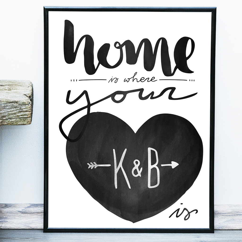 Text on this poster reads "home is where your heart is" in watercolors. Add initials inside the hear!
