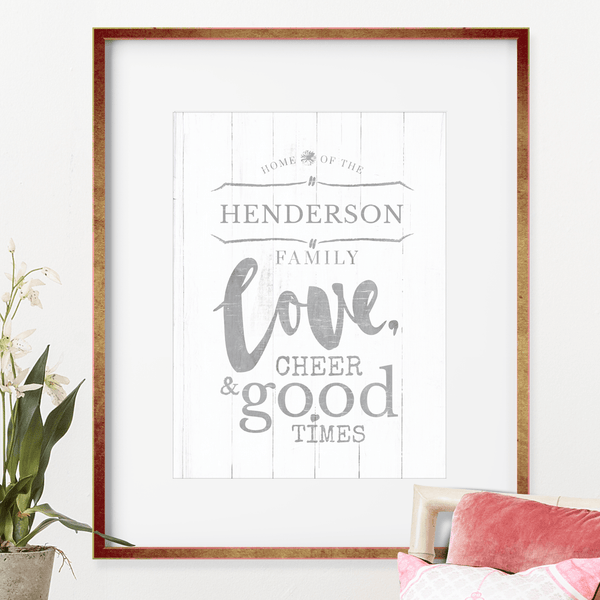 Rustic farmhouse print that can be personalized with your family name to read "Home of family love, cheer & good times".