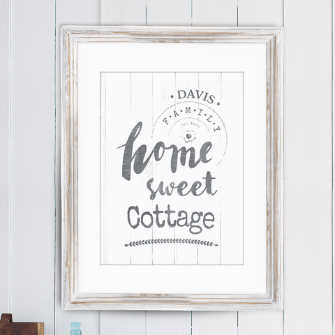 Rustic print with text "Home sweet cottage" perfect for a lake house or a cottage! Personalize it with your family name and EST. date.