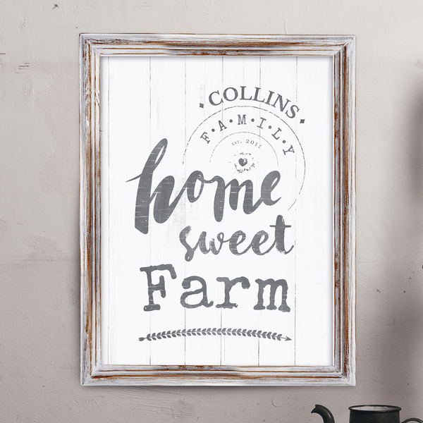 Rustic looking personalized print with text "home sweet farm". Add your last name and date to make it yours!