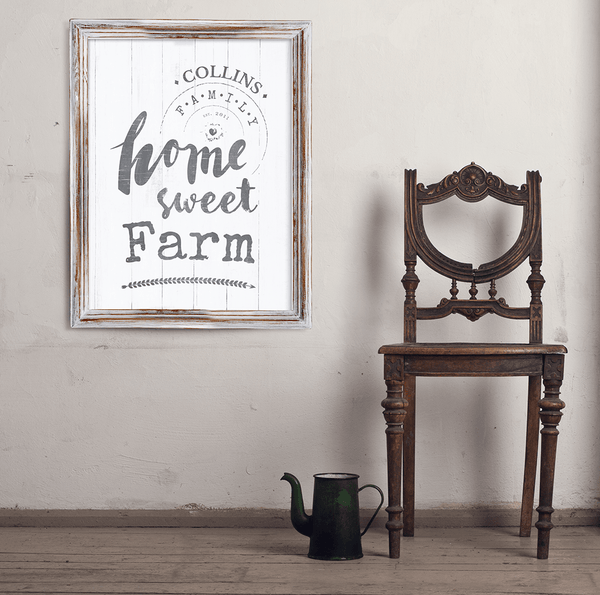 Vintage room with a framed Home Sweet Farm personalized print