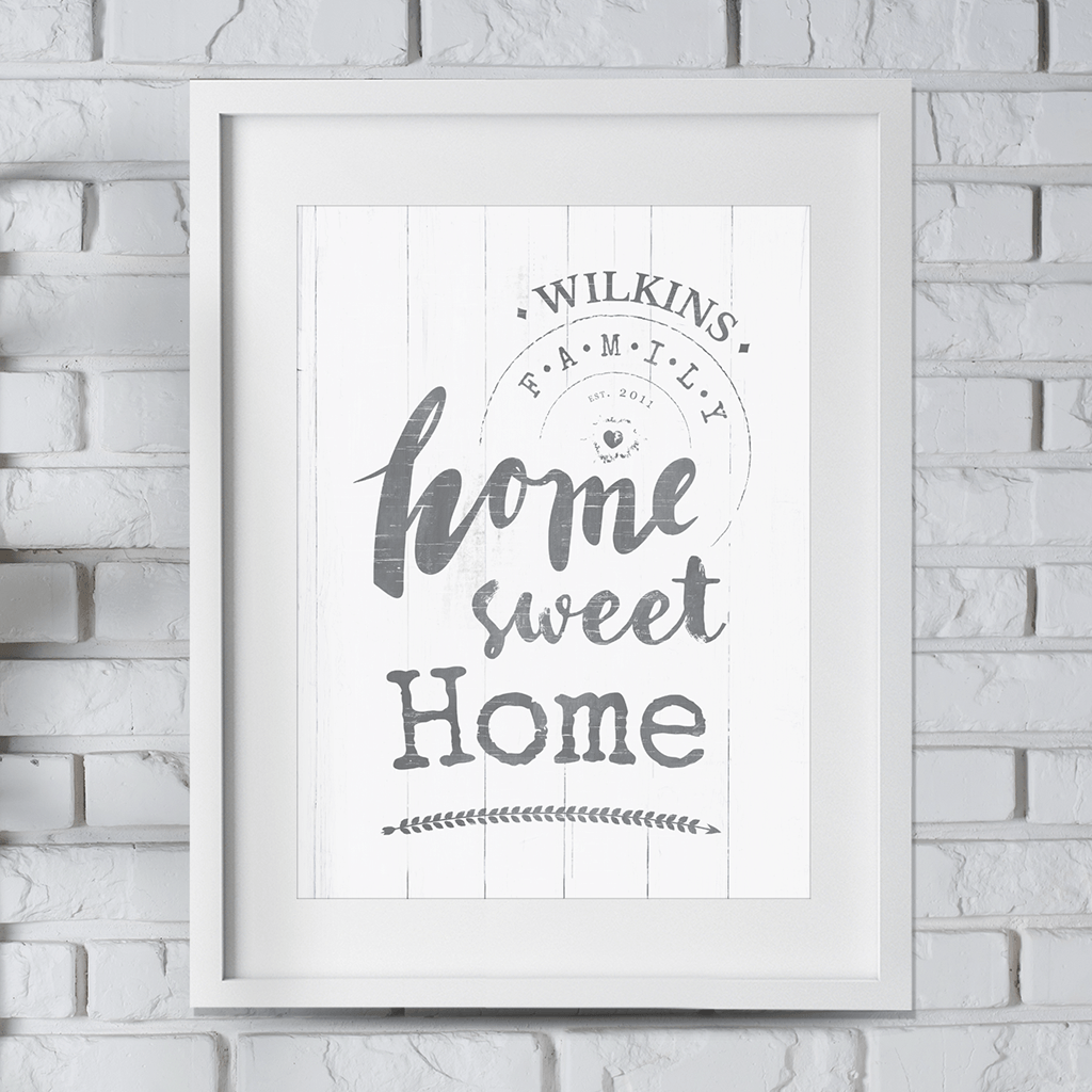 Home Sweet Home personalized print in a rustic style. Add your family name and EST. date to it!