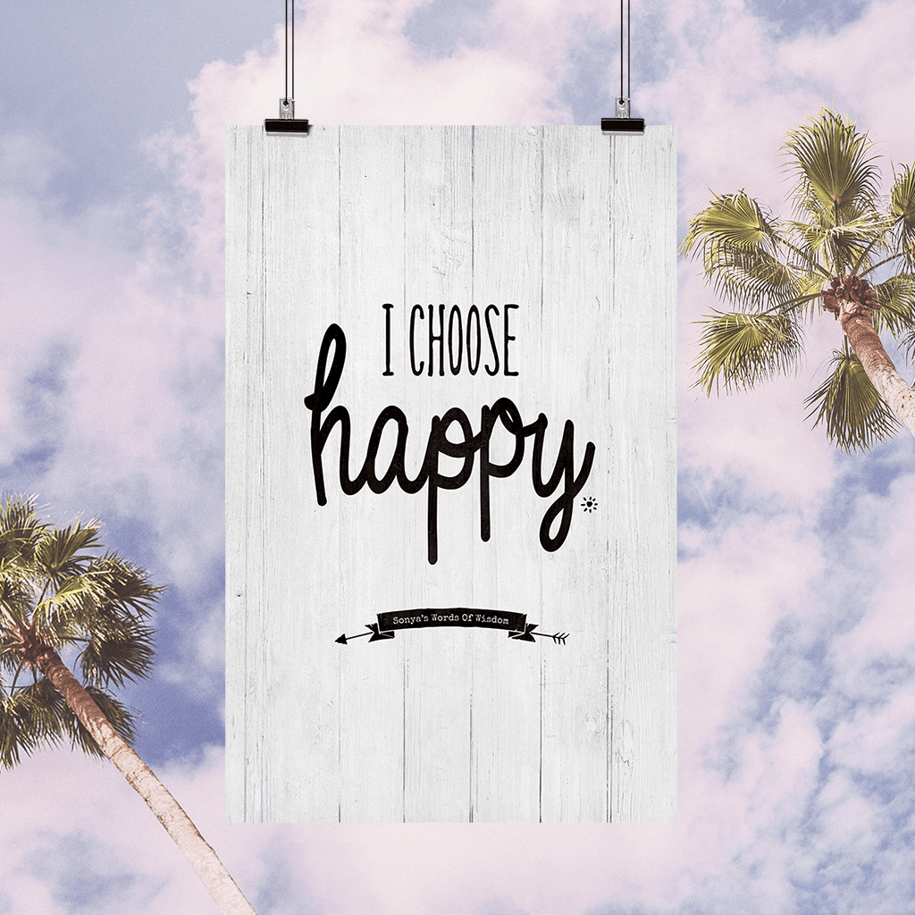 I Choose Happy personalized, inspirational print set against a palm tree skies