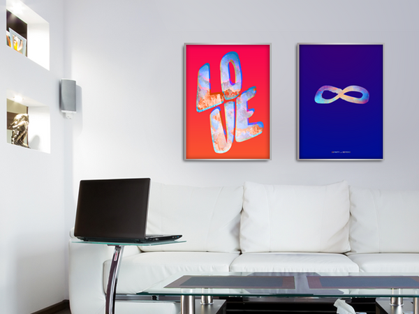 Modern room with Infinity In Colour poster hanging. Together with Love In Colour poster. Set.