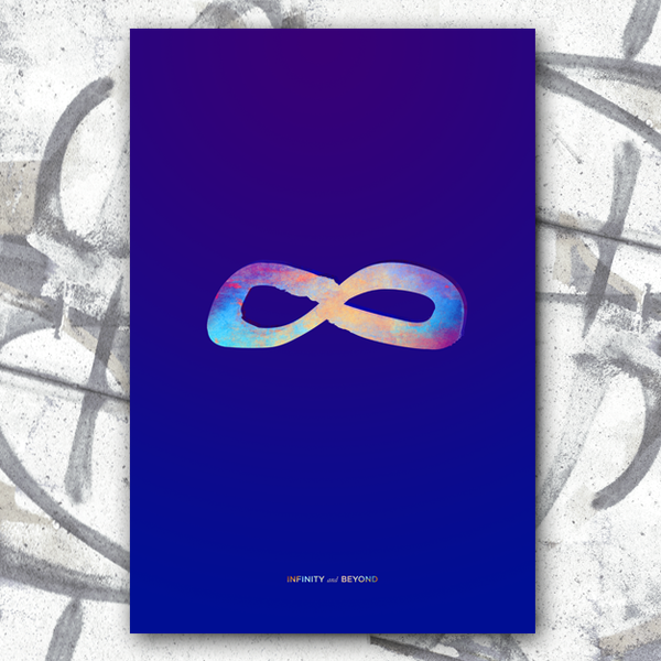 Infinity sign with colourful texture on deep blue background. Text below: Infinity and Beyond