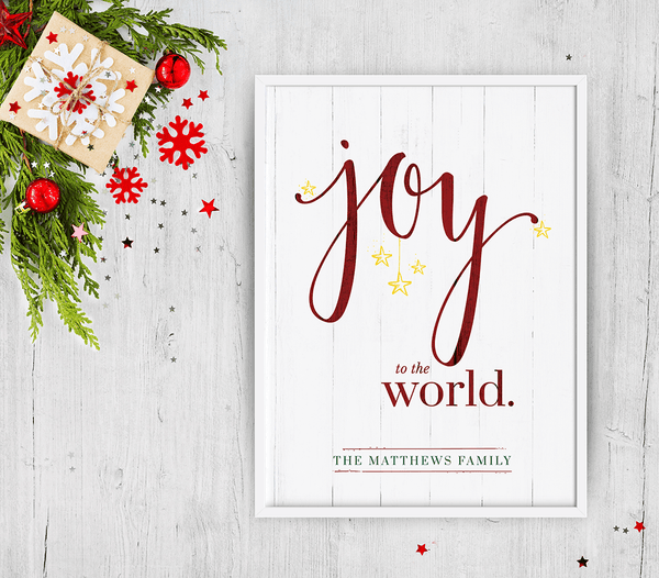 Joy To The World - Color - Personalized Print in a white frame with Christmas decorations around