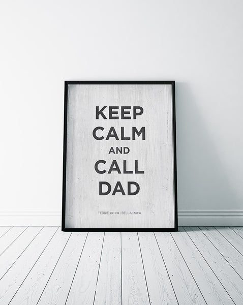 farmhouse modern room with a framed Keep Calm And Call Dad personalized print framed on the wall