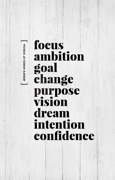 Close up view of Keywords personalized print. Keywords read: focus, ambition, goal, change, purpose, vision, dream, intention, confidence