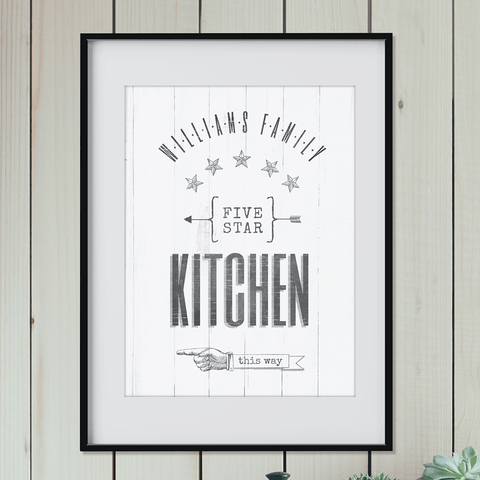 Vintage style print with a family name and art that reads "5 star kitchen this way" and an old-fashioned hand pointing to the left.