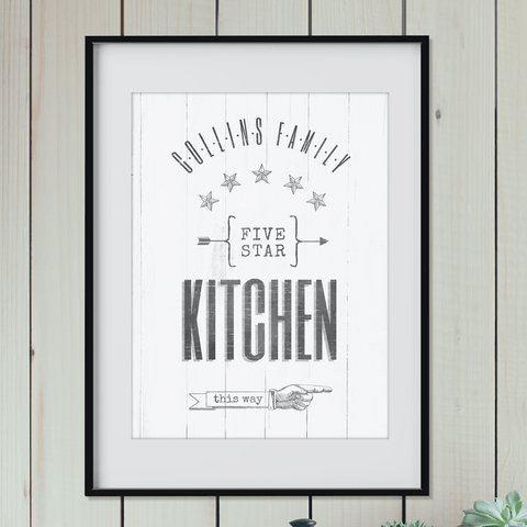 Vintage style print with a family name and art that reads "5 star kitchen this way" and an old-fashioned hand pointing to the right.