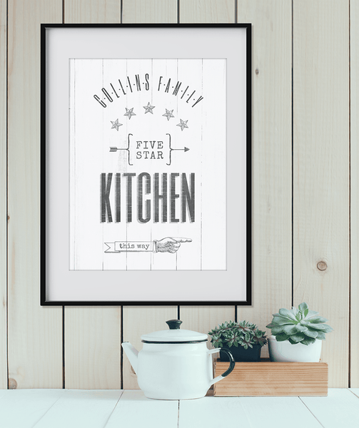 "Kitchen this way" personalized print hanging on a shiplap wall