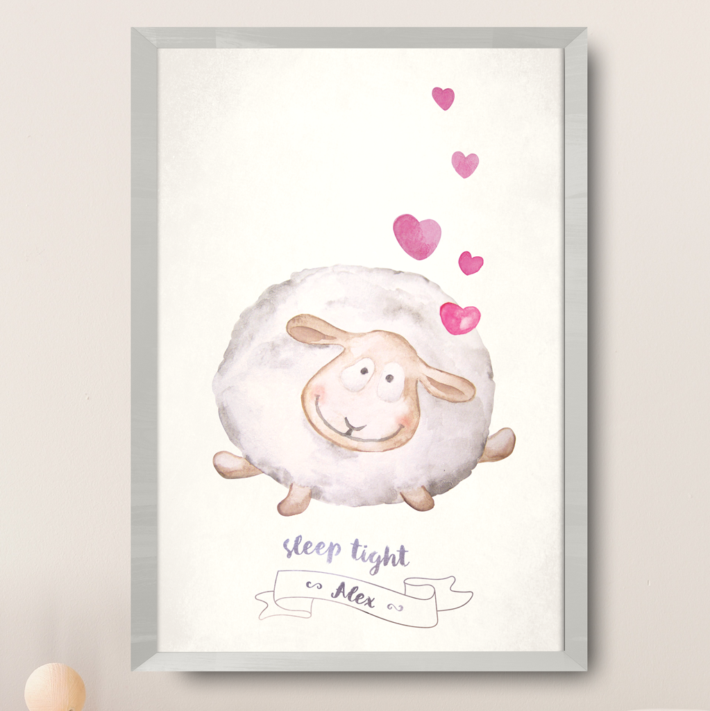 Watercolor painting of a lamb with hearts. Poster reads Sleep tight and you can customize it with your baby's name below.