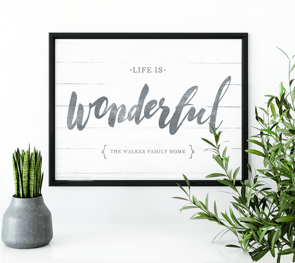 Life Is Wonderful personalized print in a modern boho-style room
