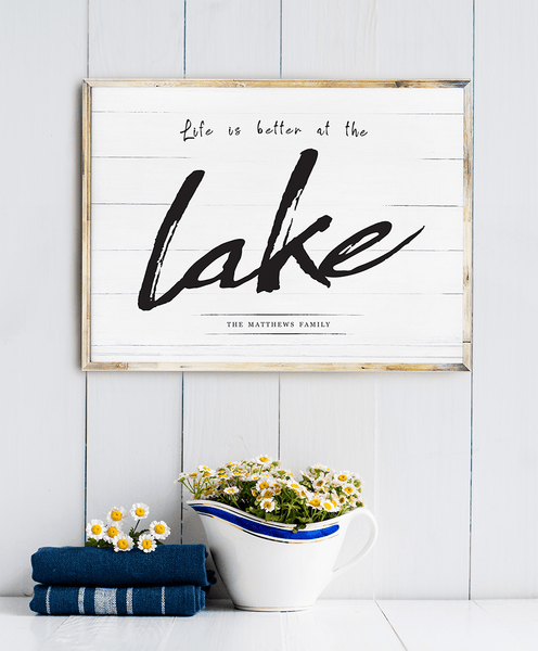 Lake house shelf with a framed Life Is Better At The Lake personalized print