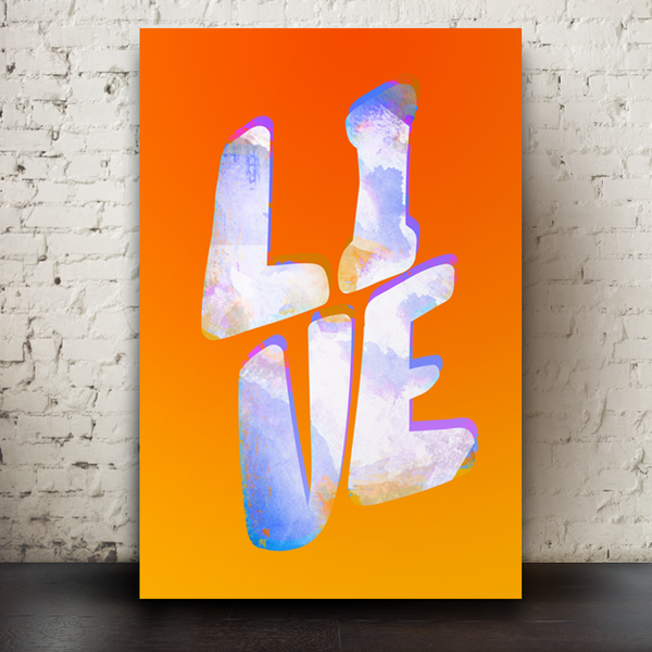 LIVE written in colourful grundgy texture on an orange background.