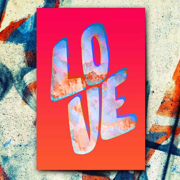 Love In Colour poster. LOVE written with colourful letters on a red background