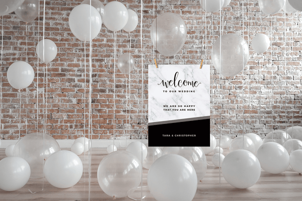 MarbleKlass - Black Personalized Wedding Print in a room full of white wedding balloons
