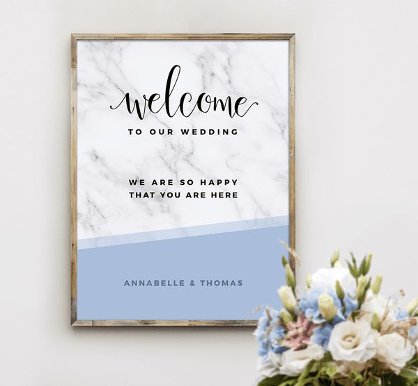 MarbleKlass - Sky Personalized Wedding Print next to a baby blue wedding bouquet