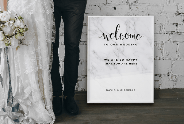 MarbleKlass - White Personalized Wedding Print next to the young couple