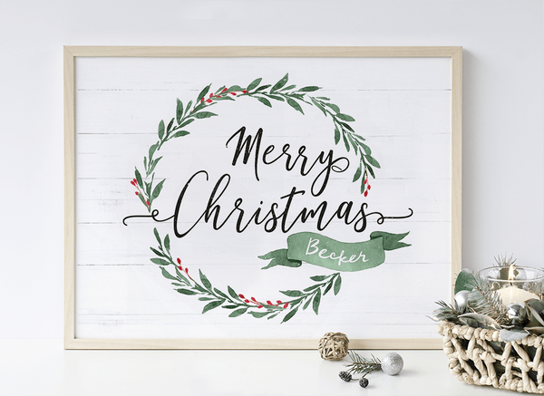 Personalized print displaying a Merry Christmas message and the family name