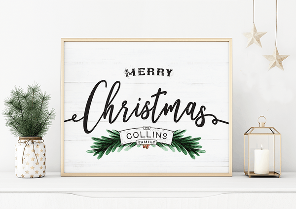 Merry Christmas personalized print in a white decor home