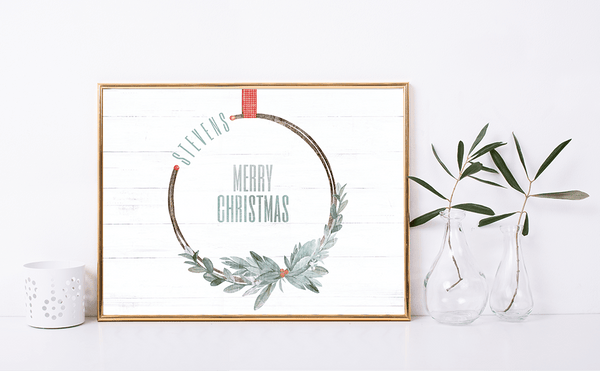 Merry Wreath Personalized Print in a minimalist modern room