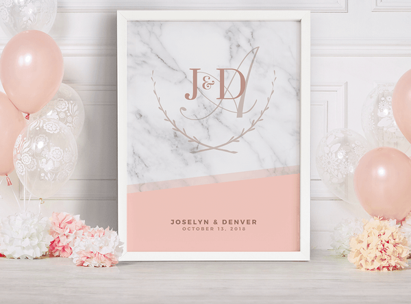 MK Blush Wedding Personalized Print in white frame at a wedding with blush pink balloons