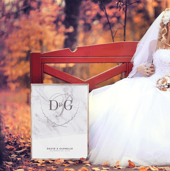 MK White Wedding Personalized Print at a fall wedding with a young couple on the bench in the park